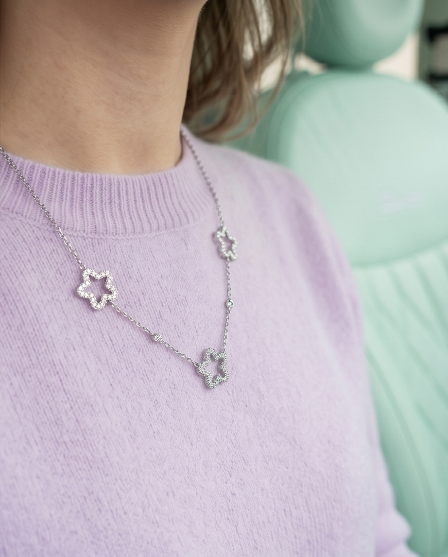 Collar Flores Brillos Plateado