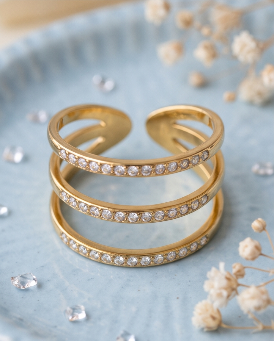 Anillo Triple Brillos Dorado