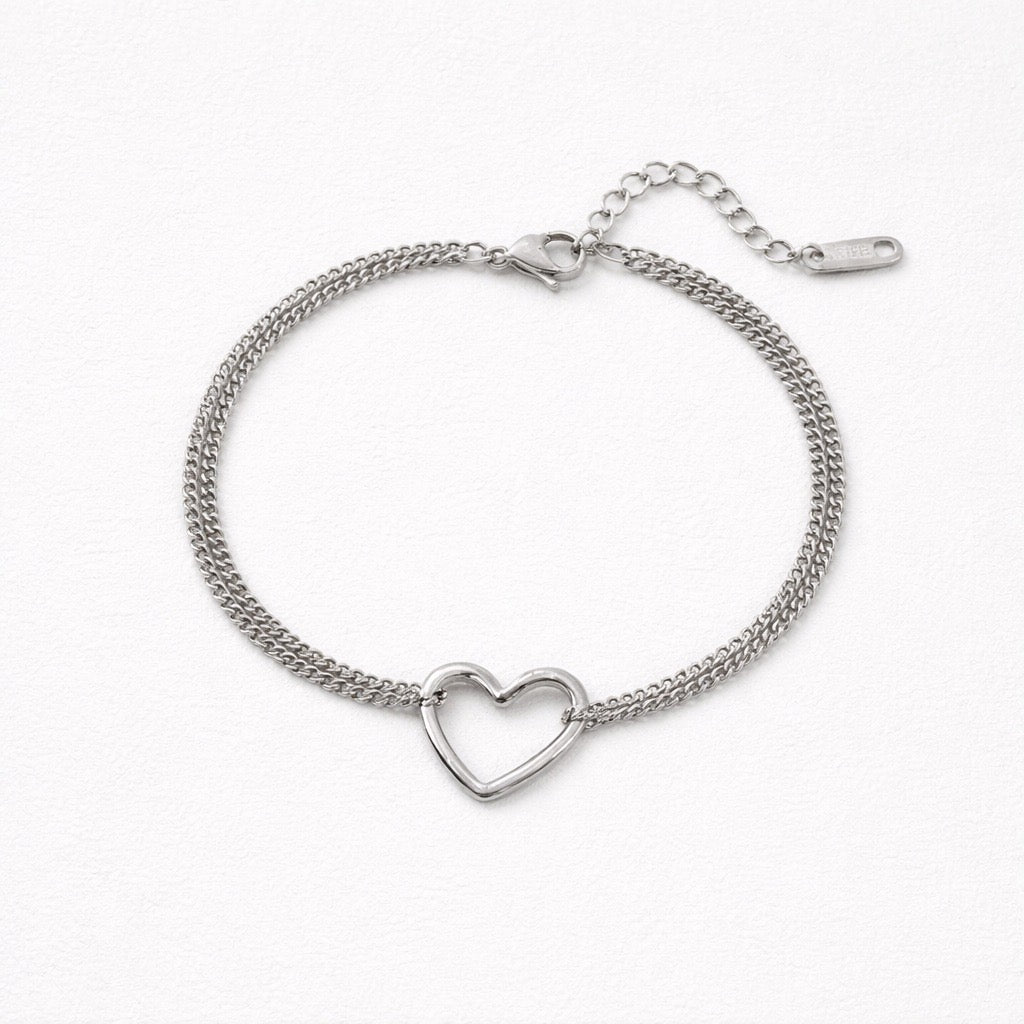 Pulsera Doble Corazón Plateado