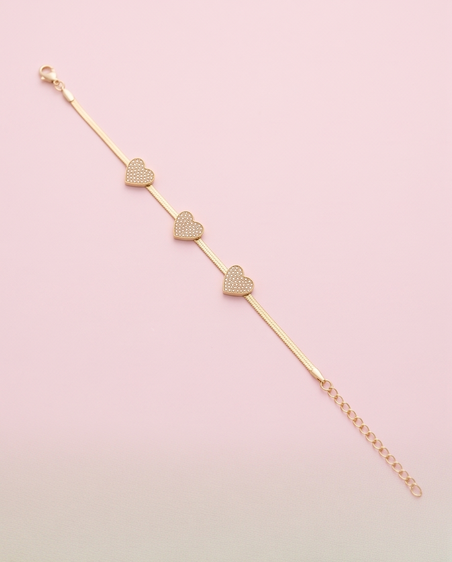 Pulsera Corazones Brillos Dorado