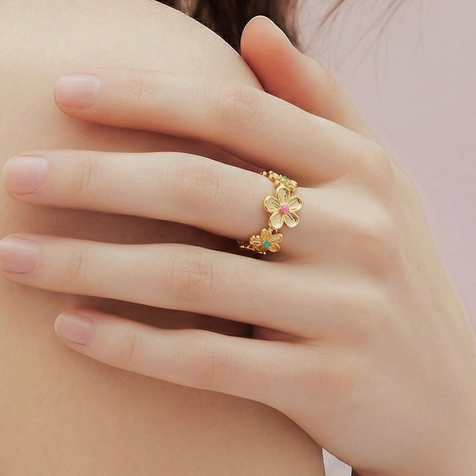 Anillo Flores Colores Dorado
