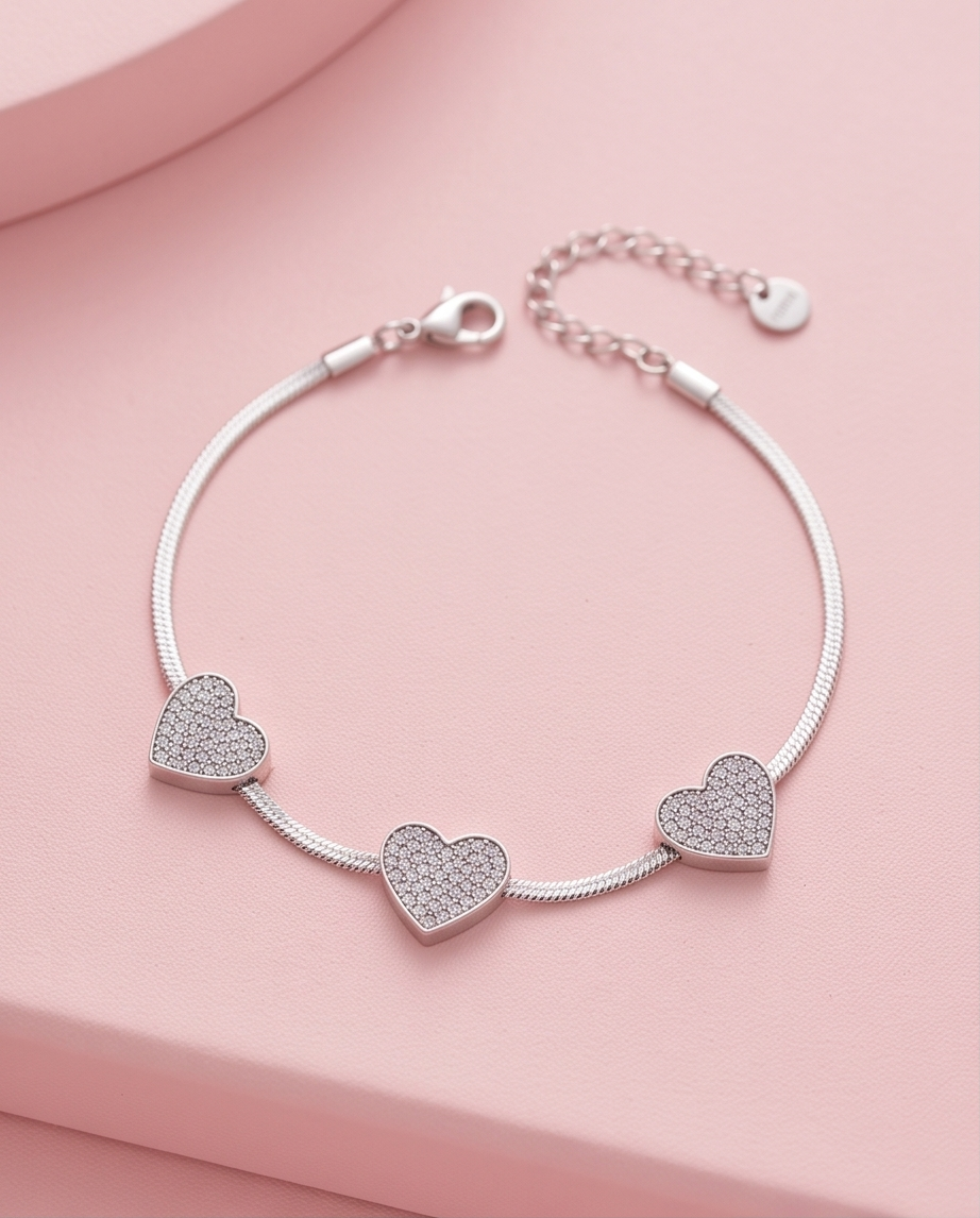 Pulsera Corazones Brillos Plateado