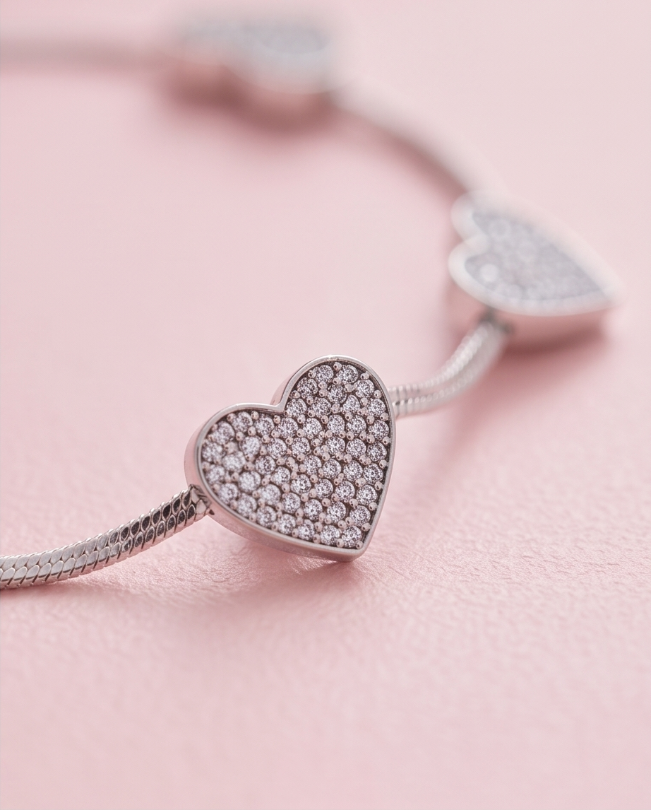 Pulsera Corazones Brillos Plateado