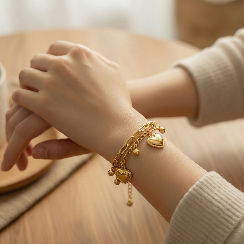 Pulsera Doble Corazones Dorado