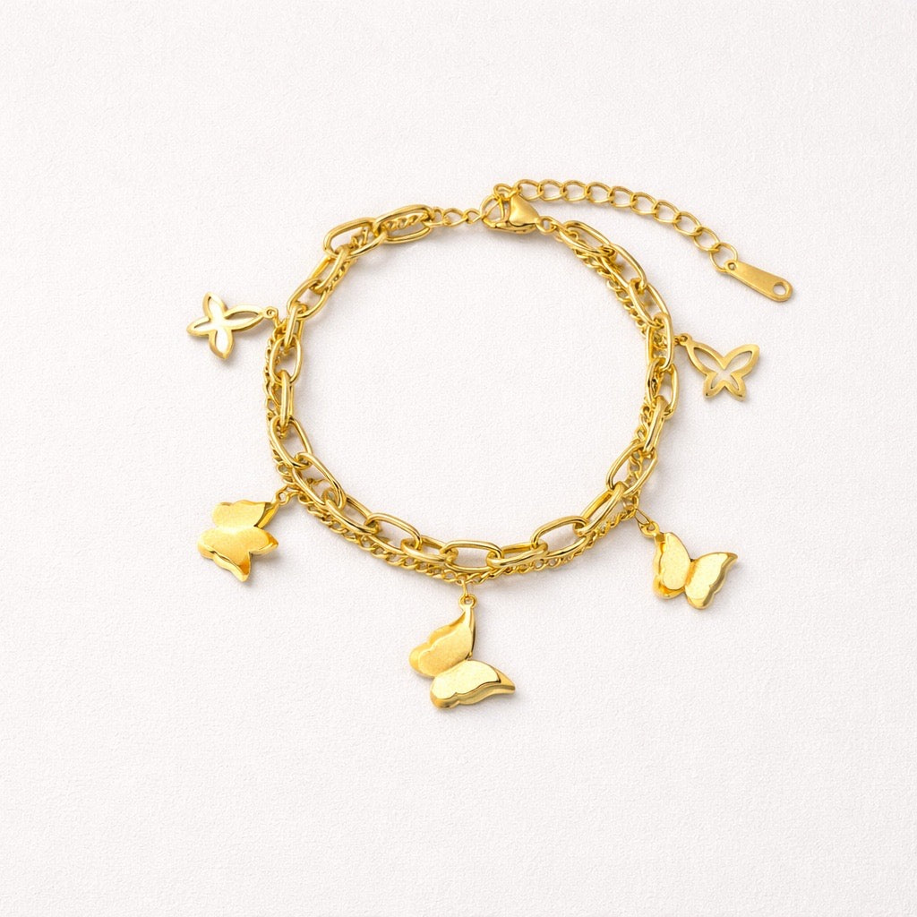 Pulsera Doble Mariposas Dorado