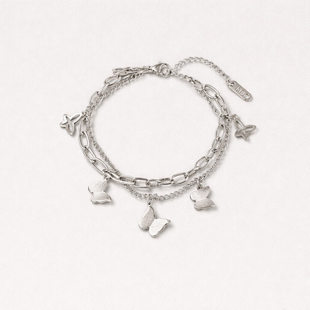 Pulsera Doble Mariposas Plateado