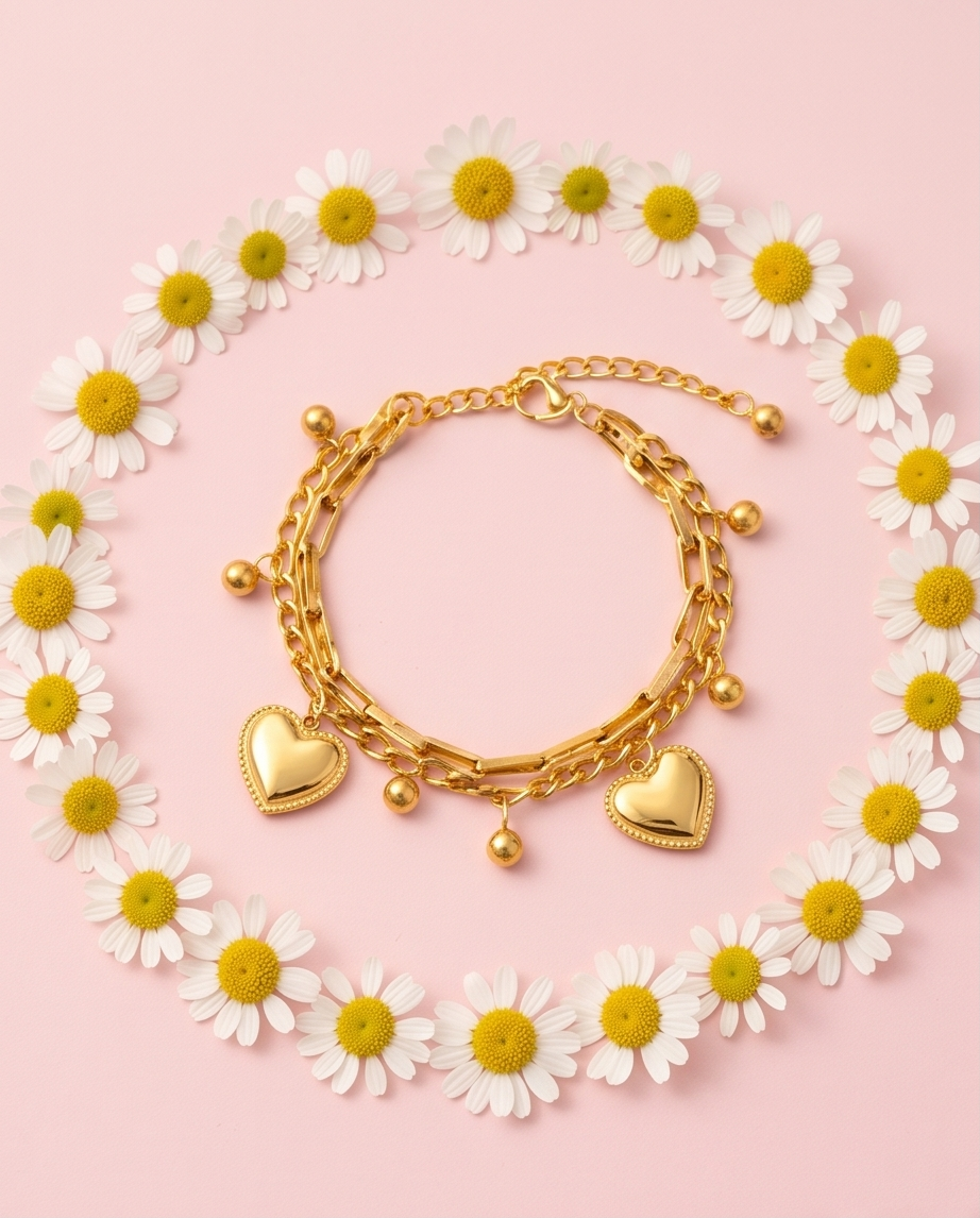 Pulsera Doble Corazones Dorado