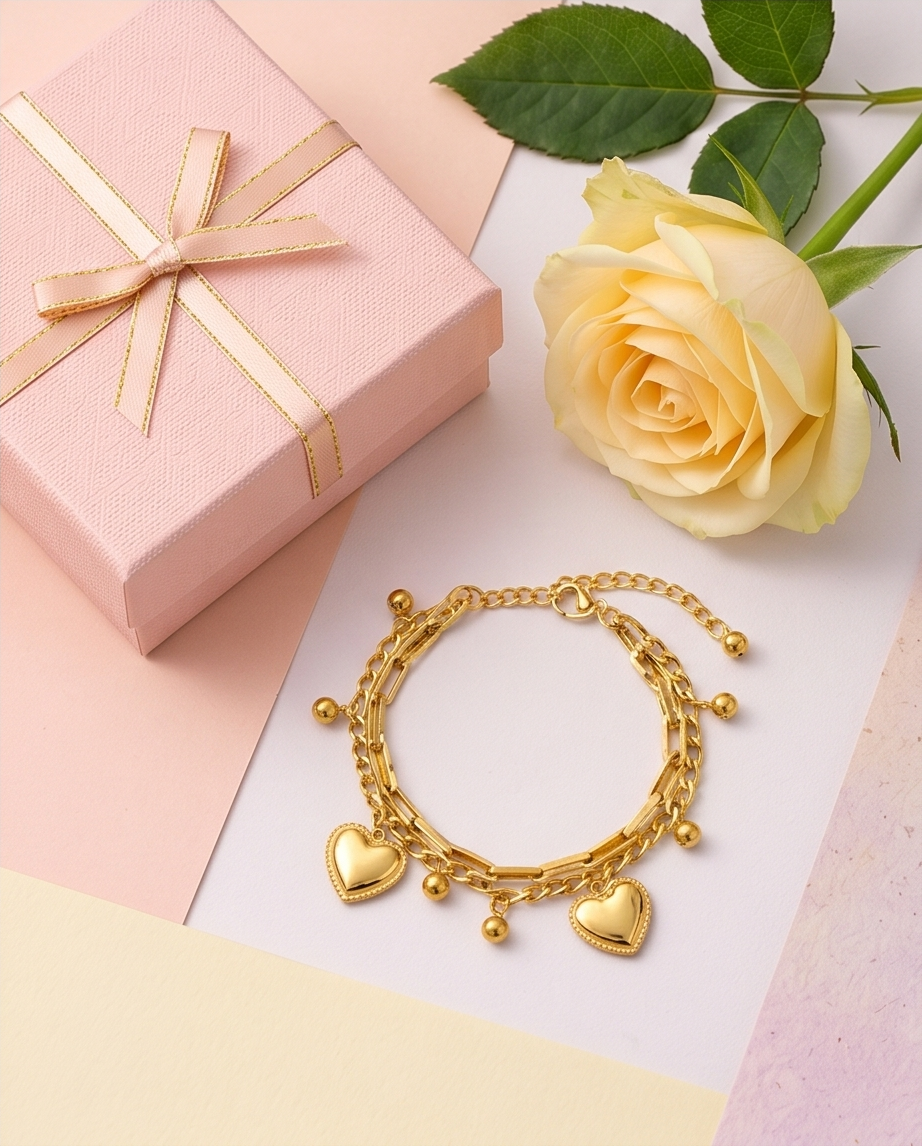 Pulsera Doble Corazones Dorado