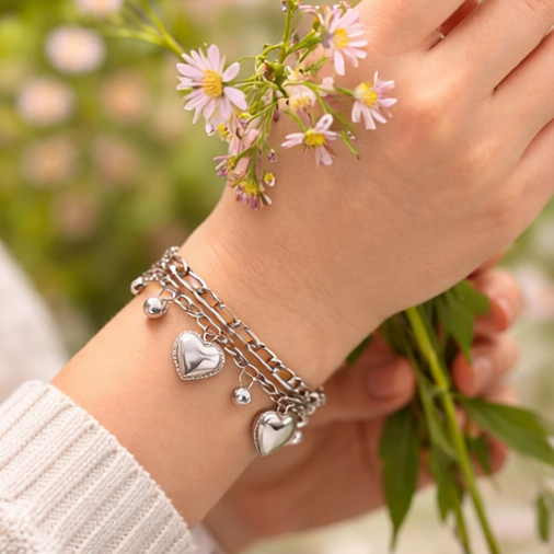 Pulsera Doble Corazones Plateado