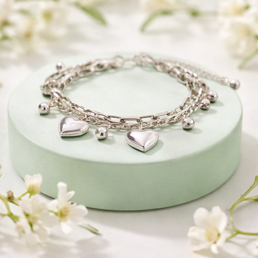 Pulsera Doble Corazones Plateado
