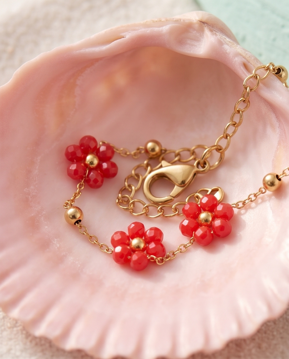 Tobillera Flores Coral