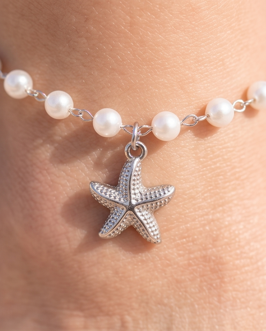 Tobillera Perlas Estrella de Mar Plateado