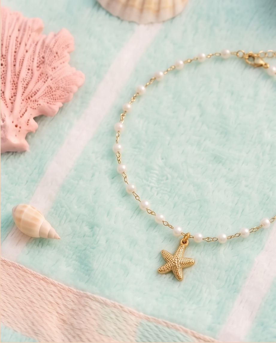 Tobillera Perlas Estrella de Mar Dorado