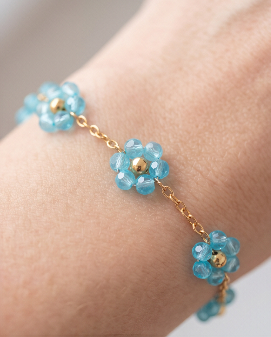 Pulsera Flores Azul Dorado