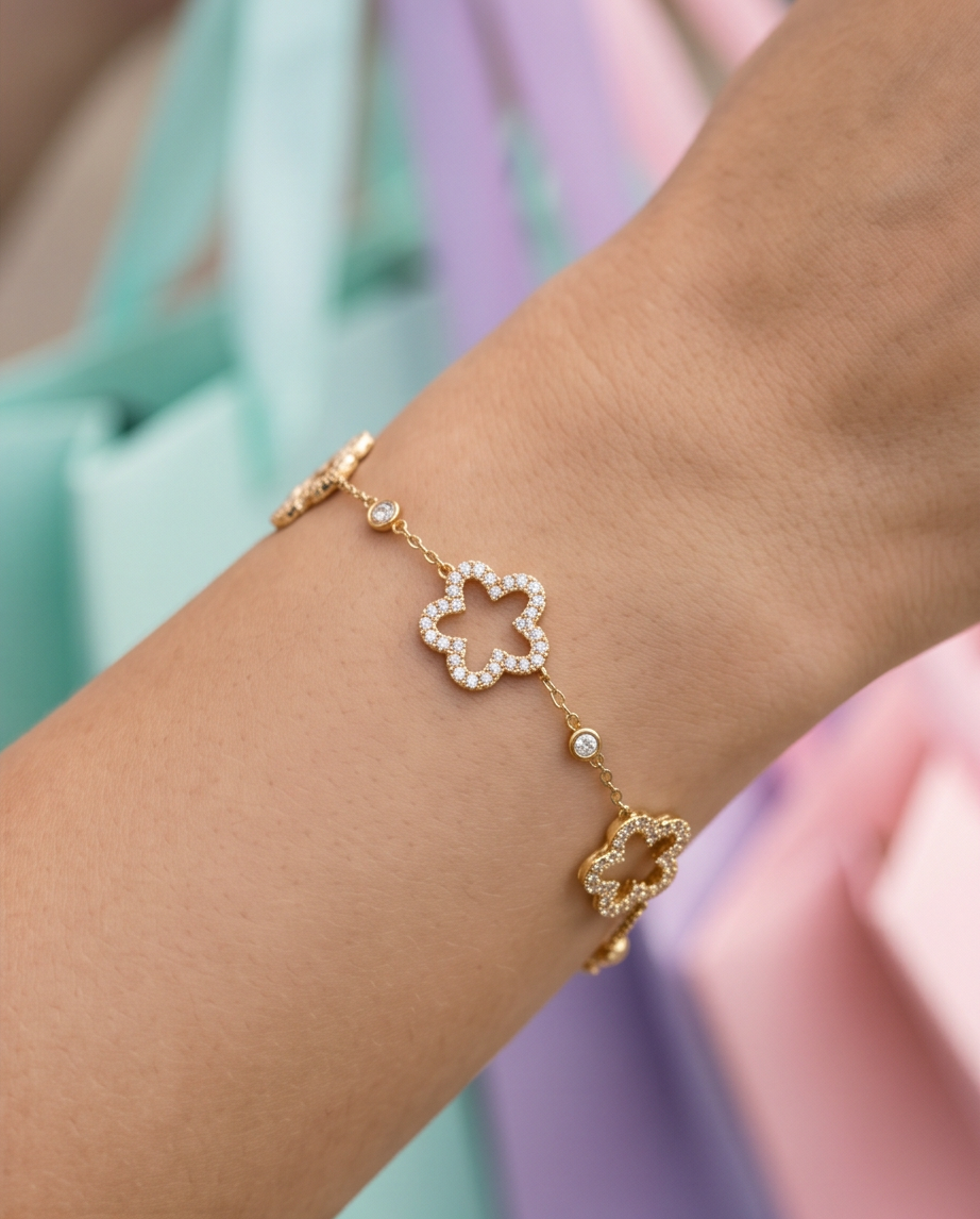 Pulsera Flores Brillos Dorado